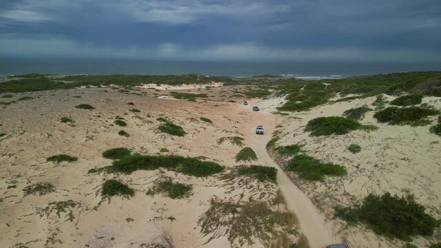 Beachport dunes in South Australia with scattered vegetation and 4WD tracks crossing the terrain
