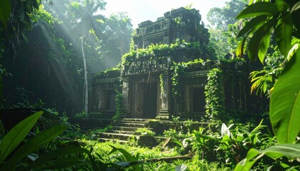 ancient jungle-covered temple ruins bathed in sunbeams and mystery, blending stone architecture with lush natural overgrowth