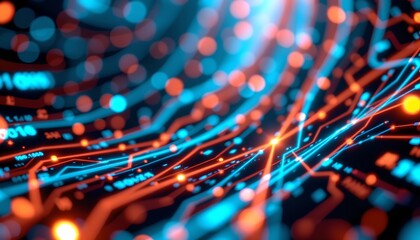 Obraz premium a futuristic digital interface with intricate patterns that suggest advanced technology and connectivity. the colors are predominantly dark with bright orange lights illuminating the complex circuits