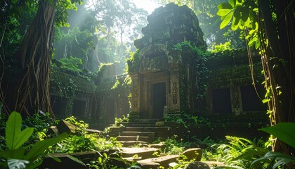 ancient jungle-covered temple ruins bathed in sunbeams and mystery, blending stone architecture with lush natural overgrowth