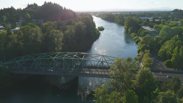 Aerial view of the Willamette River and bridge, United States.