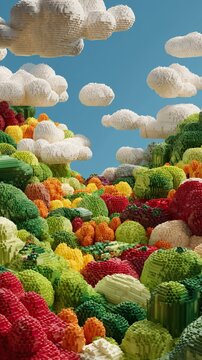 Pixelated landscape with clouds and colorful voxel art illustration