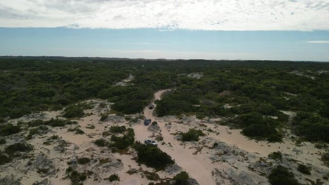 Beachport dunes in South Australia with scattered vegetation and 4WD tracks crossing the terrain