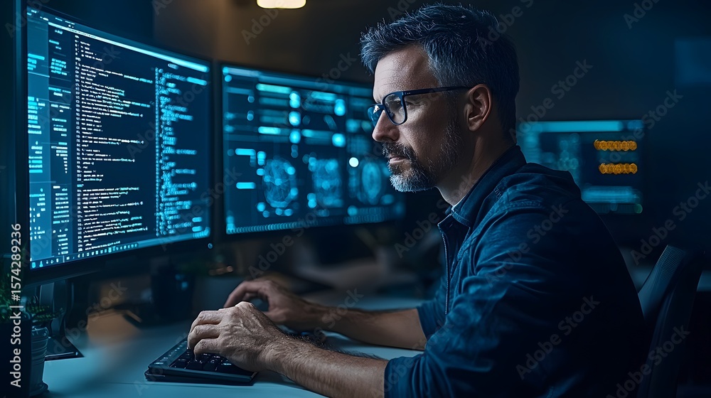 Poster a data analyst closely examining real time data and analytics displayed on multiple screens in a sop