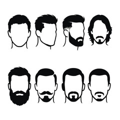 Set of black and white male head silhouettes with various modern hairstyles, beards, and mustaches. Isolated vector icons for barber shop or style guide.