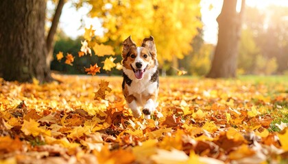 Fototapeta premium Dog running in autumn leaves