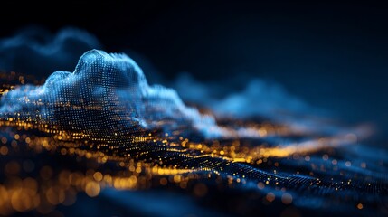 Abstract digital landscape with blue particle mountains and glowing golden lights for future technologies