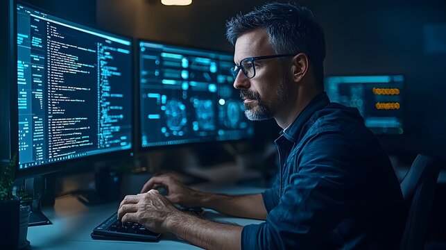 A data analyst closely examining real time data and analytics displayed on multiple screens in a sophisticated control room