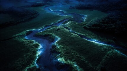 Fototapeta premium Aerial View of Bioluminescent River Winding Through Dark Forest at Night