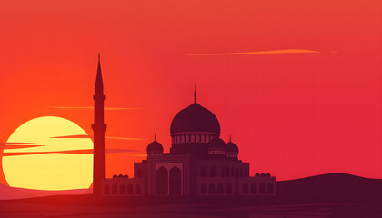 Naklejka premium Vibrant red twilight framing mosque dome and towers