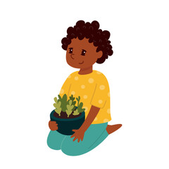 Cute African American curly boy sitting and holding a pot with seedlings. Flat vector illustration for home gardening, eco education, children&rsquo;s nature activities, and diversity.