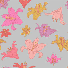 Vintage seamless pattern with hand drawn colorful lily flowers on gray background. Boho floral repeat wallpaper. Vector illustration