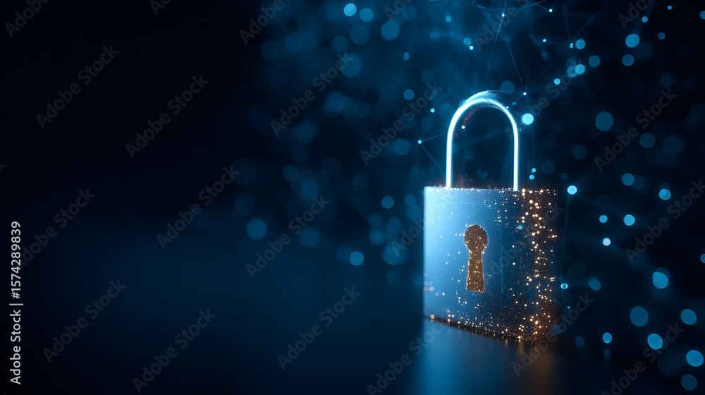 Poster glowing padlock with digital network on dark blue background represents data security and cyber prot