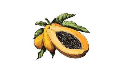 Papaya drawing in vintage style, tropical fruit art, retro botanical sketch, antique fruit decor, healthy hand-drawn illustration, trendy tropical wall print, organic fruit poster