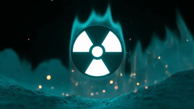 Radiant radioactive warning symbol against teal flames and sparks