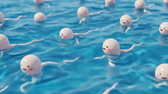Cartoon sperm cells swimming in light blue water illustrative background
