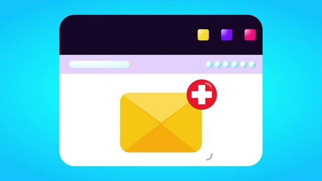 Email icon with plus notification on window tab. Digital inbox message animation