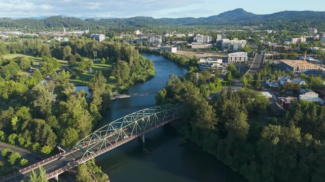Aerial view of Willamette River and cityscape, United States.