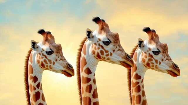 Three identical giraffe heads positioned side by side against soft golden sunset sky. Detailed rendering with warm orange and white color palette