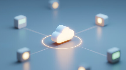 A central glowing cloud icon forms the hub of a network, connected to multiple light-emitting nodes, symbolizing distributed cloud computing, data synchronization, and interconnected digital services.