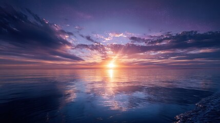 Vibrant Sunset Over Calm Ocean With Starry Sky Reflection