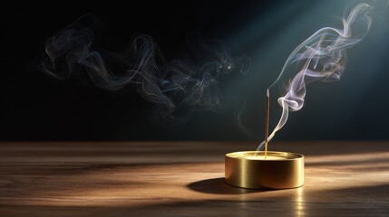 Burning Incense Stick with ethereal Smoke on Wooden Table