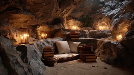 Cozy Cave Reading Nook with Candles and Books