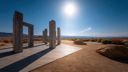 Stone Columns Desert Sculpture Installation Bright Sunlight