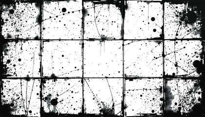  Dynamic abstract black-and-white image featuring paint splatters across a structured grid background, evoking contemporary artistic concepts and modern aesthetic appeal