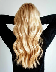 Back view of a girl in a black blouse with pastel blonde medium-length hair with airy waves. Back view of a girl with her hands raised to her head with elegant loose curls blonde