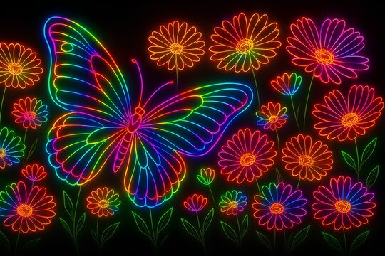 Neon Butterfly and Daisies in Glowing Line Art