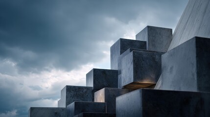 Dark Grey Concrete Block Architecture Under a Cloudy Sky