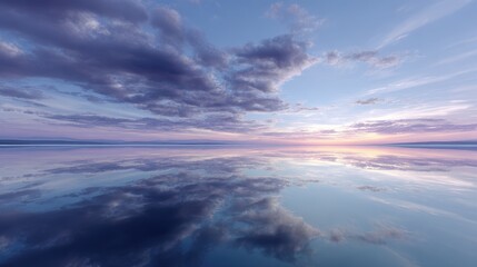 Serene Sunset Landscape with Purple Clouds Reflected in Calm Water