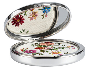 Open Silver Compact Featuring Floral Needlepoint Design Inside, Isolated on Transparent Background PNG