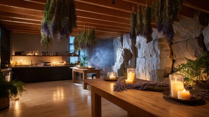 Rustic Modern Kitchen Interior with Warm Lighting and Hanging Herbs