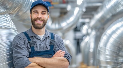 Professional HVAC installer in uniform smiling while adjusting rectangular air ducts in industrial warehouse, bright lighting.