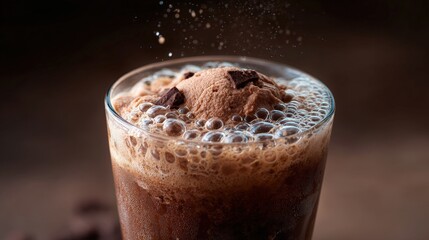 Closeup of Chocolate Soda with Powder and Bubbles