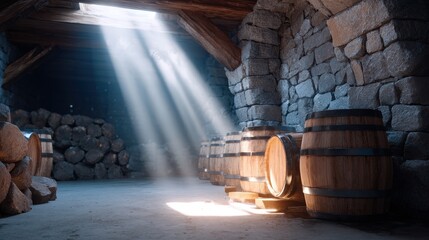 Sunlit Stone Cellar with Aged Wooden Barrels