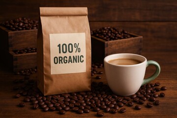 Freshly Brewed Organic Coffee Awakens the Senses, presented with rustic charm alongside raw beans and packaged grains promising a naturally delicious beverage.