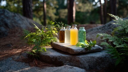 Four Glass Bottles of Drinks on Stone in Forest Setting