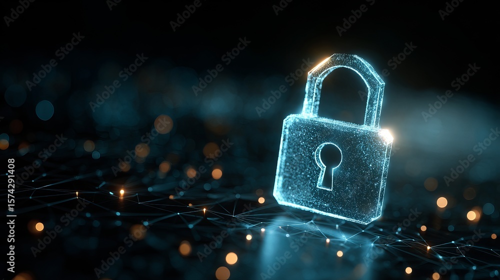 Poster glowing padlock hovering above a network of interconnected nodes emphasizing digital security and cy