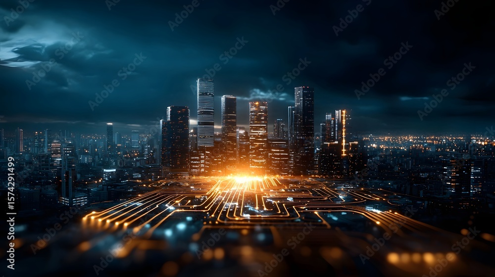 Poster a visually striking night skyline of a modern technologically advanced city with a smart city dashbo