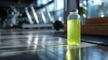 Green Liquid in Clear Bottle on Gym Floor