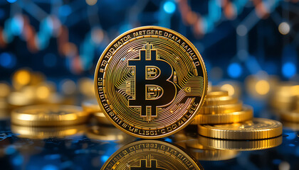 “Gold Bitcoin Coin with Circuit Design and Blurred Financial Chart Representing Cryptocurrency and Digital Investment”