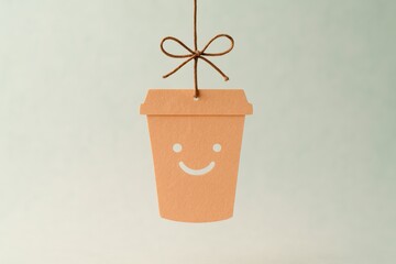 Smiling Paper Cup Silhouette Suspends Gently from a Brown String, exuding Simplicity and Joyful Minimalism with a Cute, Earthy Vibe against Pastel Background.