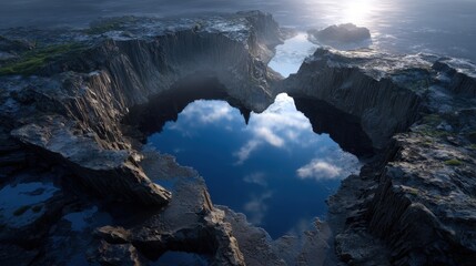 Dark Blue Water Reflecting Clouds in Rocky Landscape