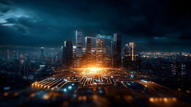 A visually striking night skyline of a modern technologically advanced city with a smart city dashboard displaying real time bridge performance analytics