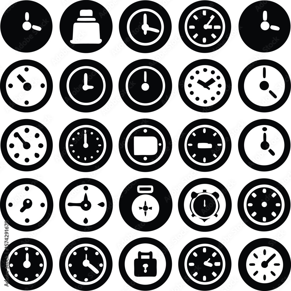Poster a collection of diverse black and white clock icons representing various timekeeping devices and con