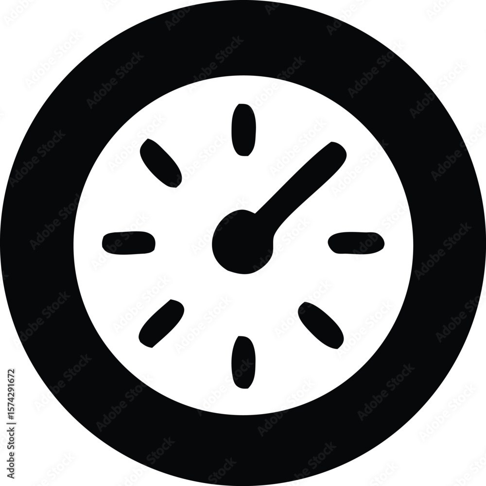 Poster simple black clock icon with a single hand pointing upwards and hour markers on a white background r