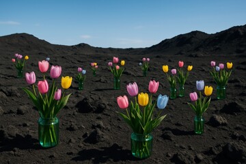Vibrant Tulips Bloom Across Dark Landscape, a colorful contrast bringing surprising joy against an unusual, minimalist background of volcanic soil and blue sky.